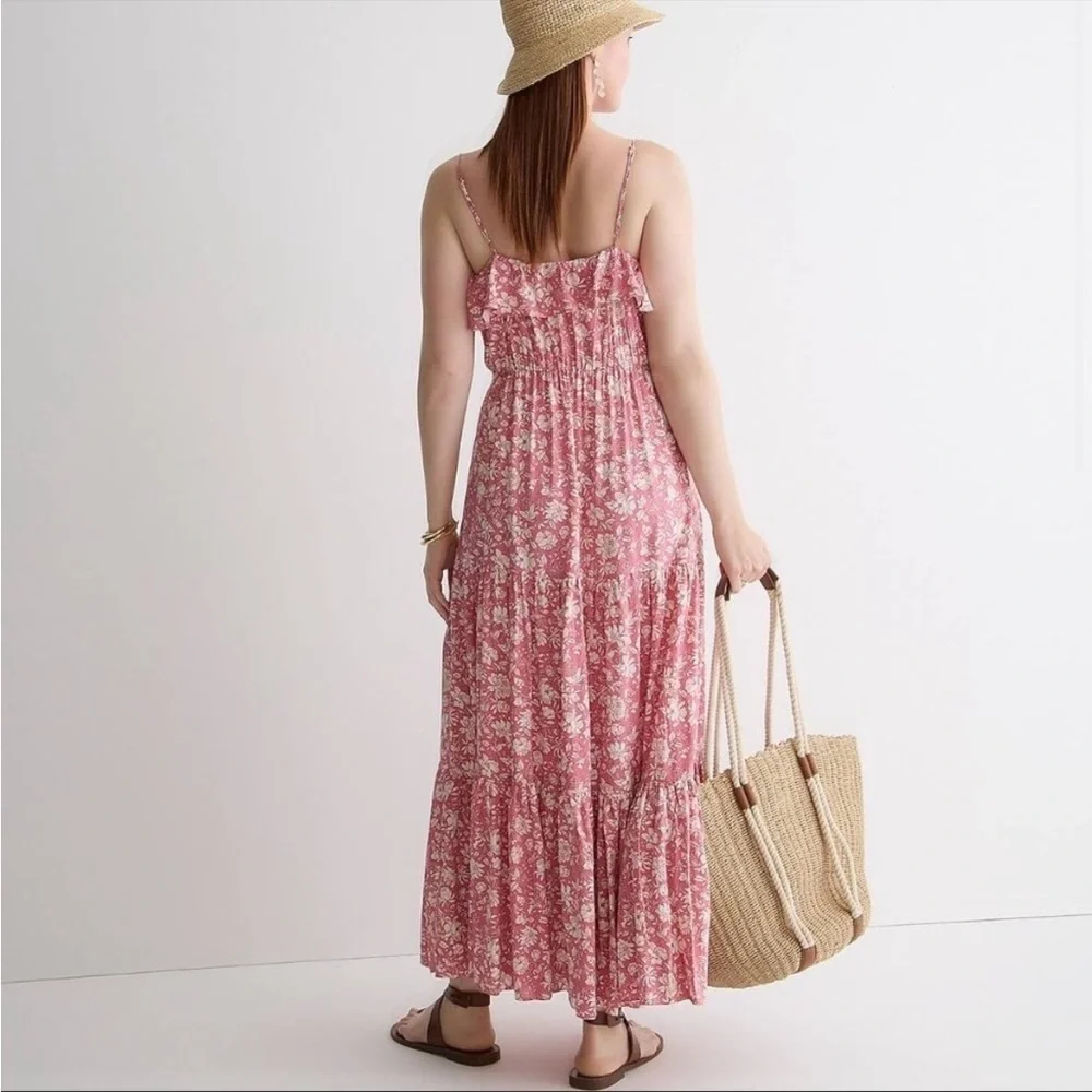 J. Crew Tiered Maxi Dress in Pink Dark Flamingo Tossed Floral NWT Size Small